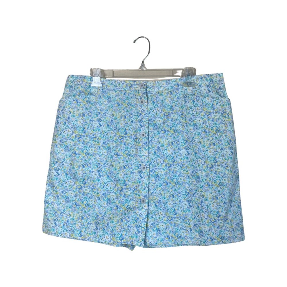 Liz Claiborne Blue Tiny Floral Print Button Front Cotton Skort Size 16
